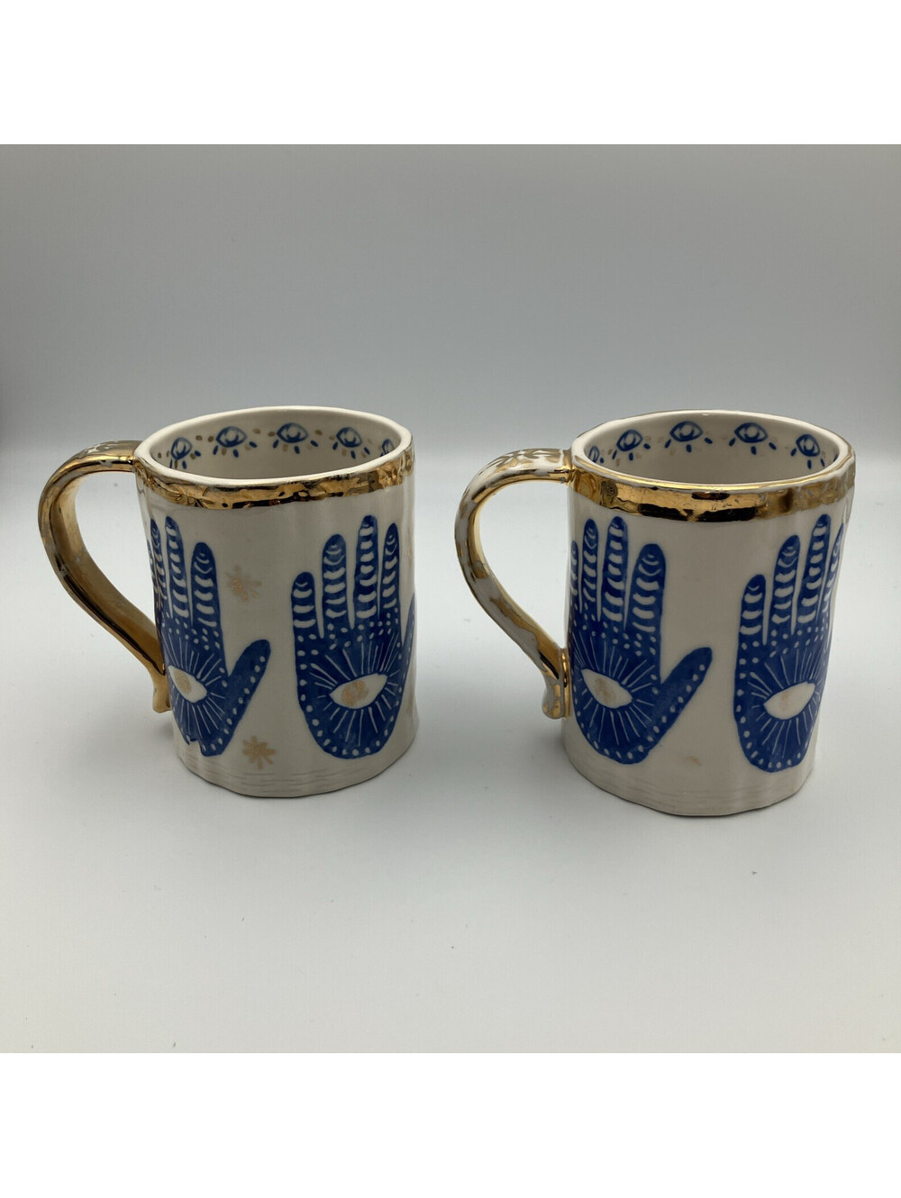 Anthropologie Stoneware Mugs Insight Hamsa Evil Hand & Eye🔥Blue & Gold Set Of 2
